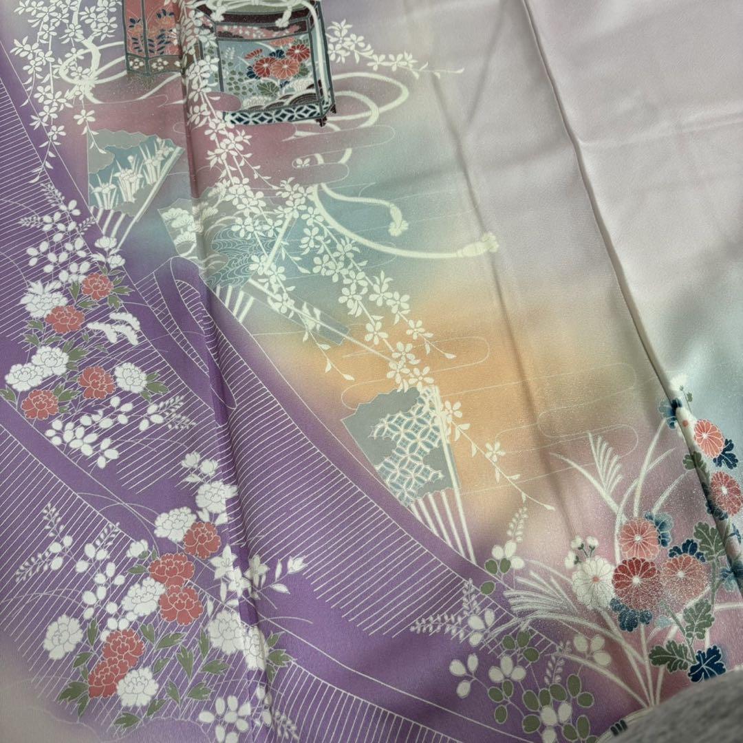 ラメ 花柄 裄67 上品 紋無し 付下げ 訪問着 着物 正絹 T-3463