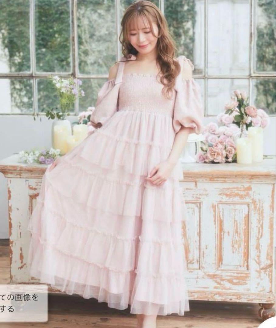 areeam ジャガードパフスリーブチュールワンピース