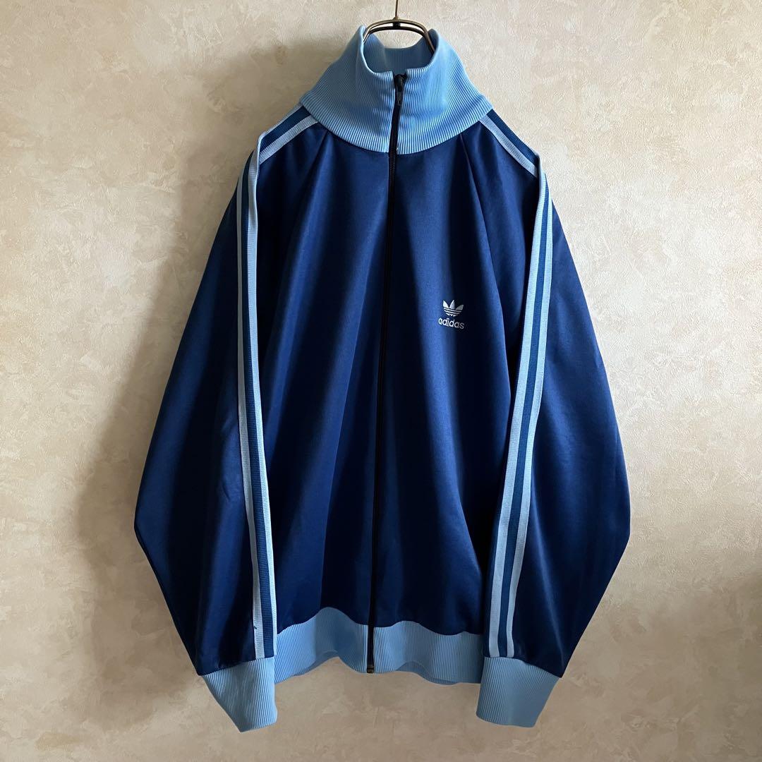 配色◎ 希少80's アディダス刺繍ロゴトラックジャケット 青 L