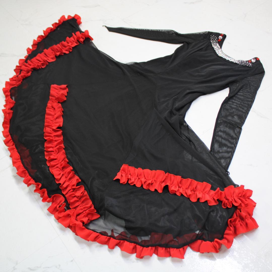 【超ポイントバック祭】 美品 社交ダンス衣装】ブラック×豪華フリル boutique prima 社交ダンス