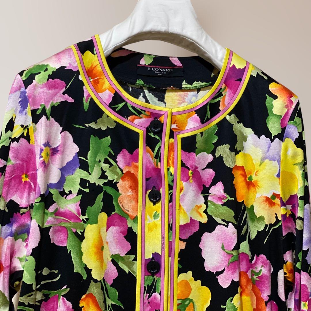 LEONARD ノーカラー長袖シャツ 花柄 ブラウス レオナール
