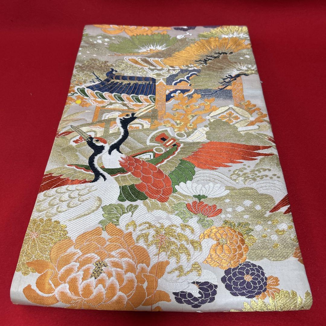丸帯】アンティーク 全通 金糸 鶴 松 菊 牡丹 幅30.5㎝ 7E-024