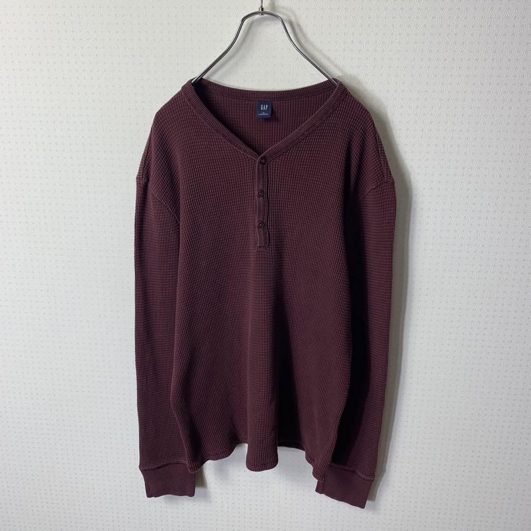 00s old gap ヘンリーネックワッフル生地カットソー L ボルドー 無地