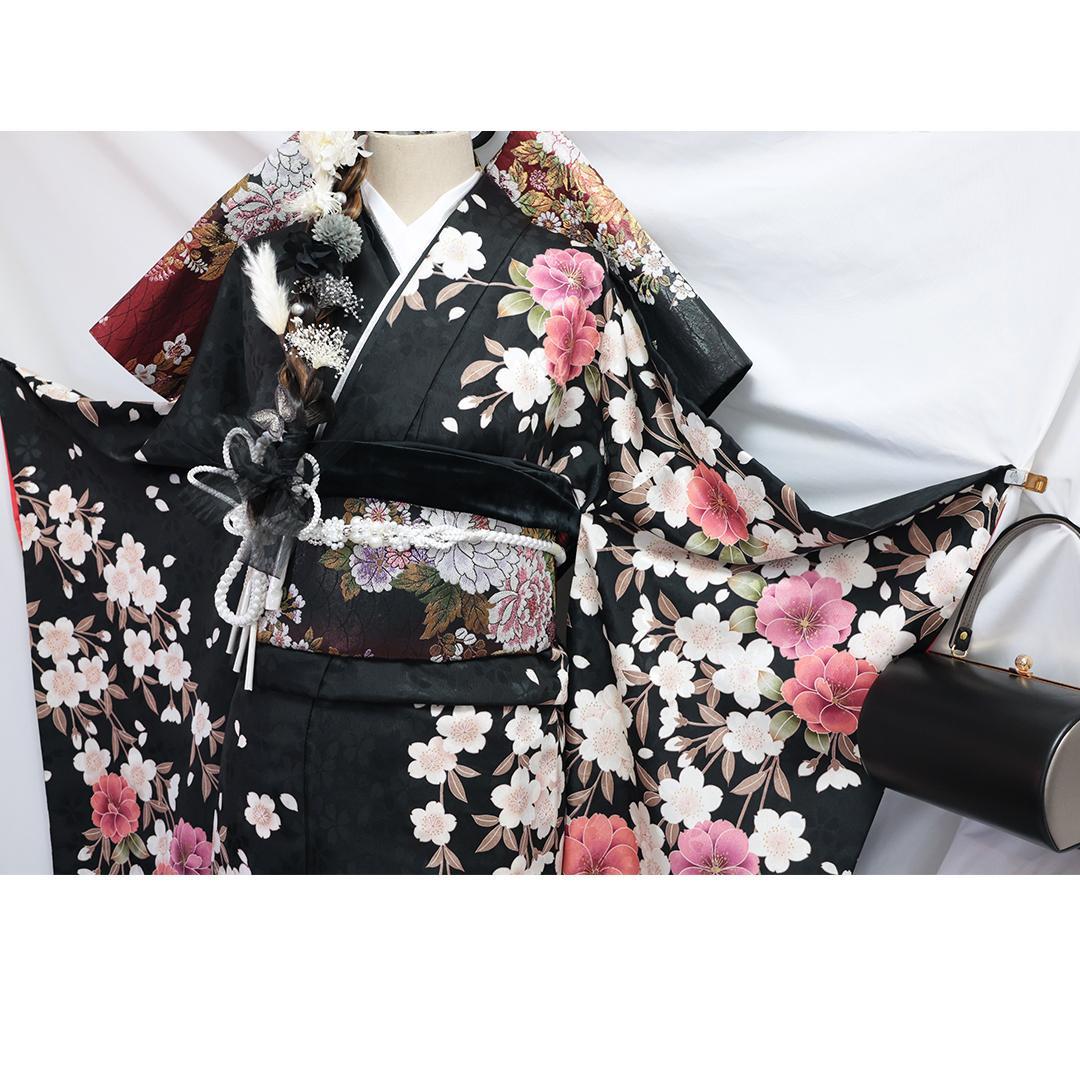 桜柄◆ 振袖セット 丈169.5cm◆フルセット黒ベース帯小物付成人式 28Bs 桜柄◆ 振袖セット 丈169.5cm◆フルセット黒ベース帯小物付成人式 28Bs