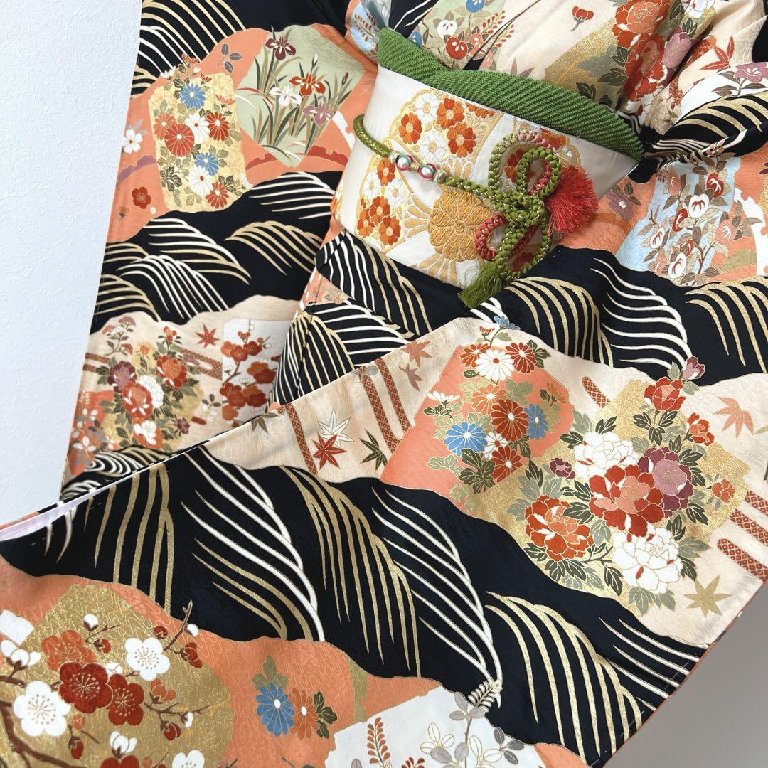 397 振袖フルセット 正絹 オレンジ 黒 橙 総柄 金彩 駒刺繍