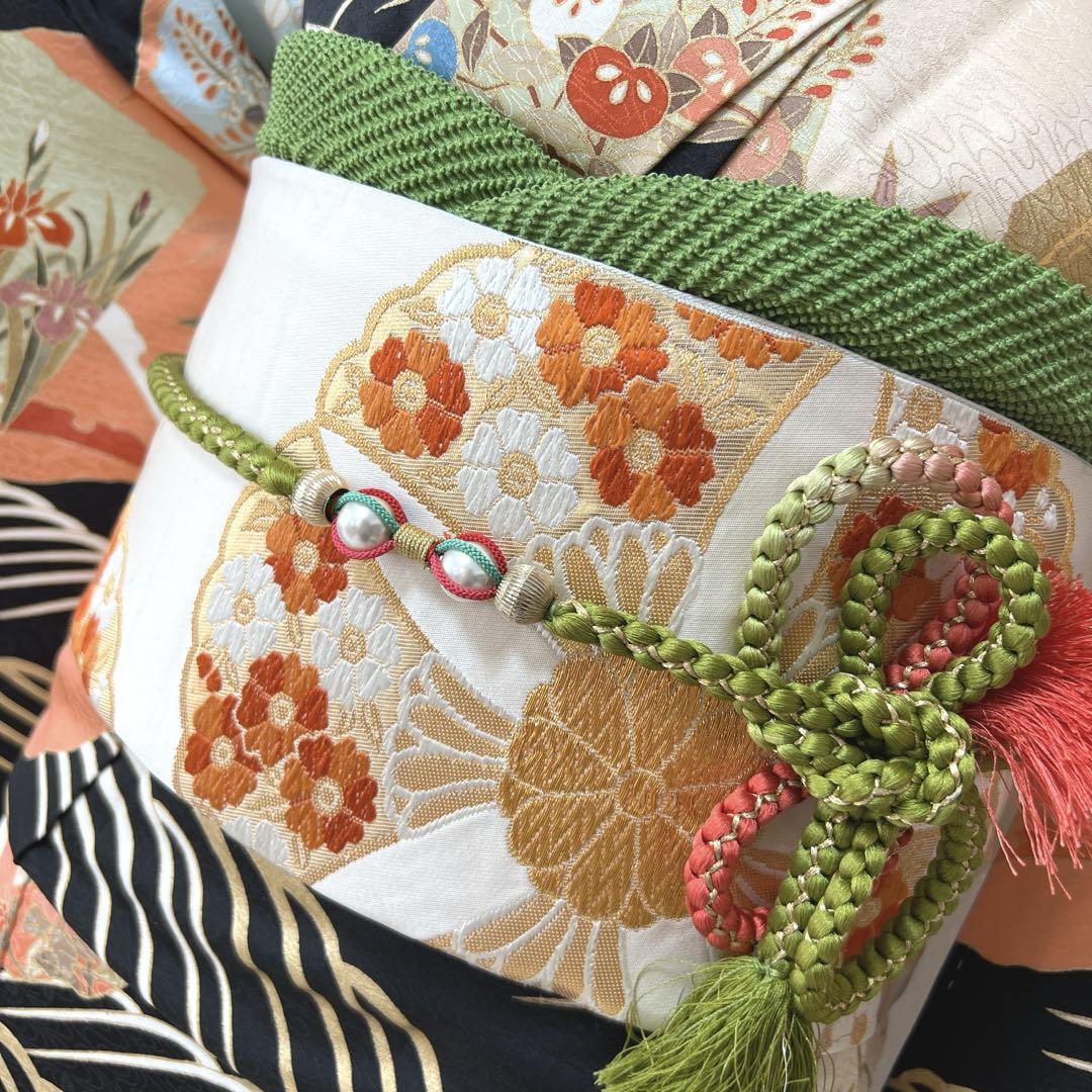 397 振袖フルセット 正絹 オレンジ 黒 橙 総柄 金彩 駒刺繍