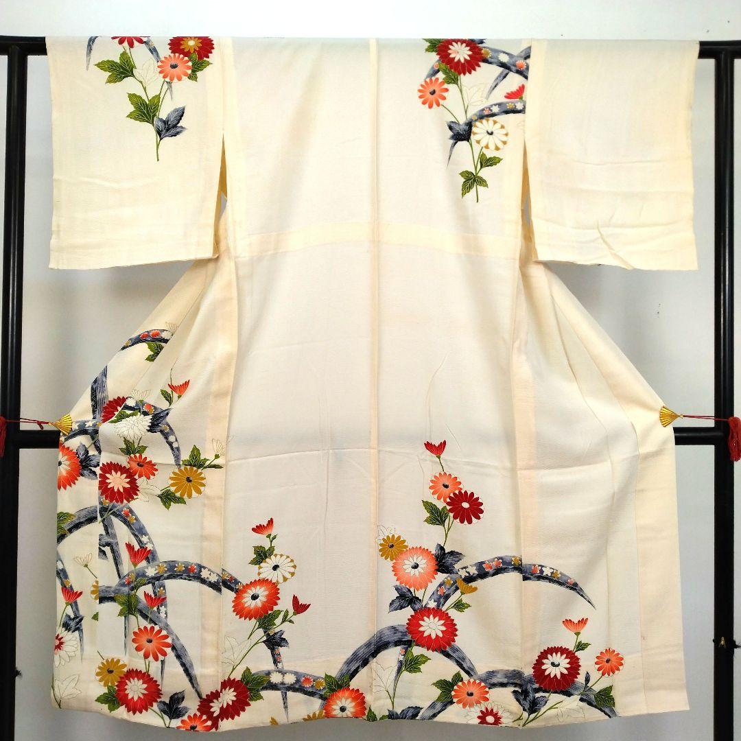 アンティーク 長襦袢 花柄 菊 金彩 正絹 身丈136 裄63.5 オフホワイト