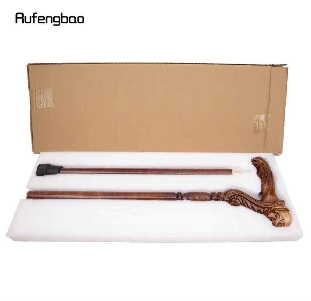 UK436281 ブラウン スカル木製杖 96cm 彫刻 ダークウッド仕上げ