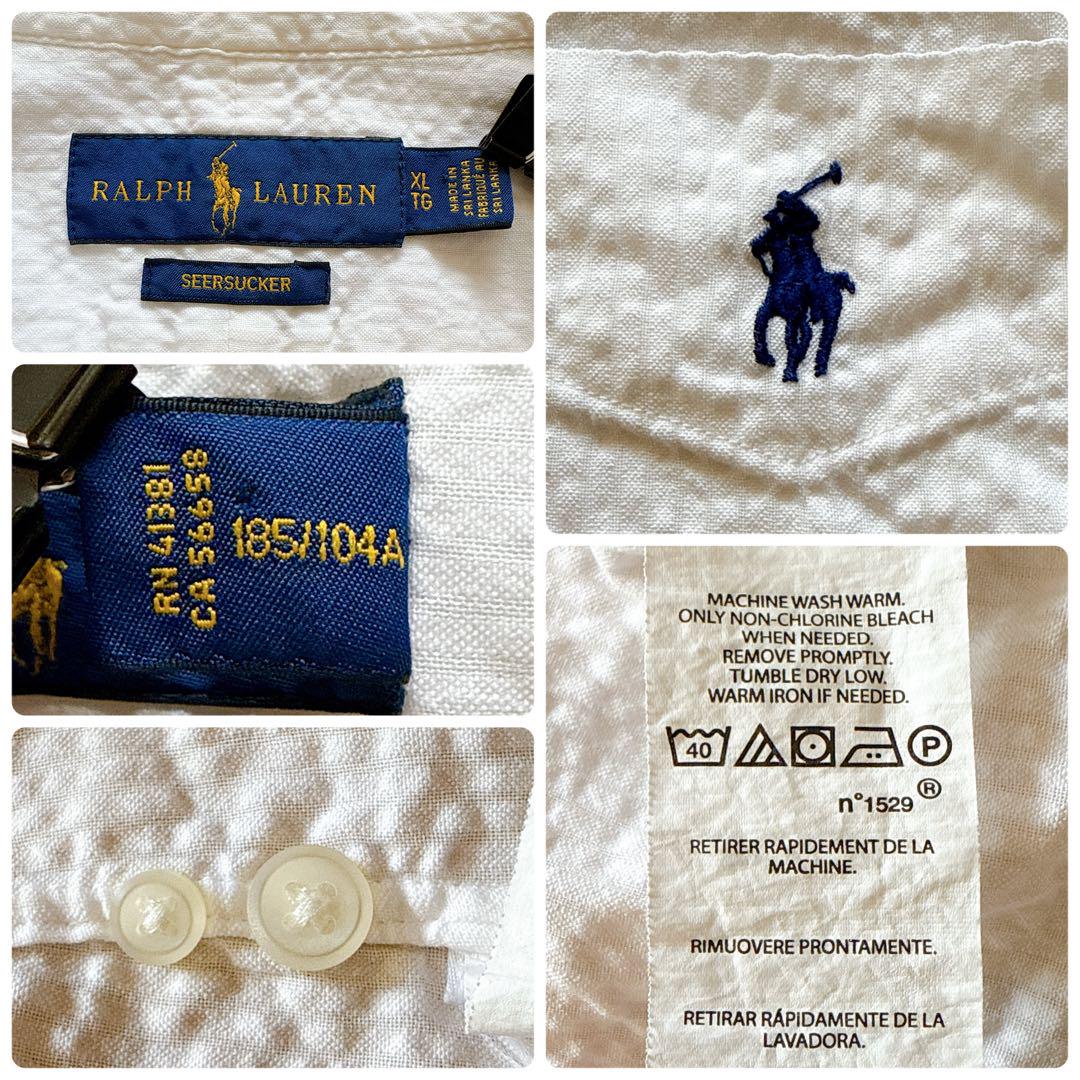 希少サイズ✨ラルフローレン　XL　シアサッカー　BDシャツ　青ポニー刺繍　白