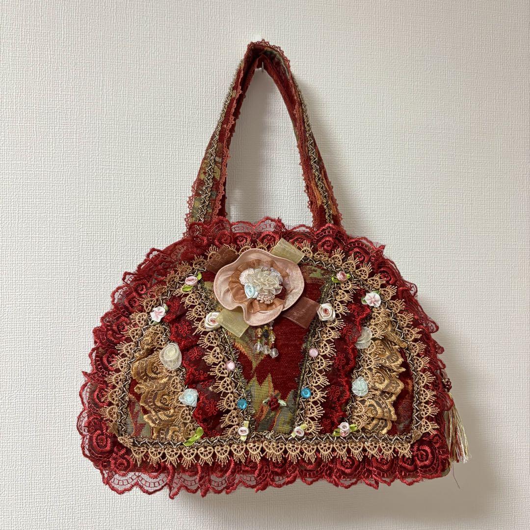 値下げ◎vintage ゴブラン 刺繍 アンティーク レッド ハンドバッグ