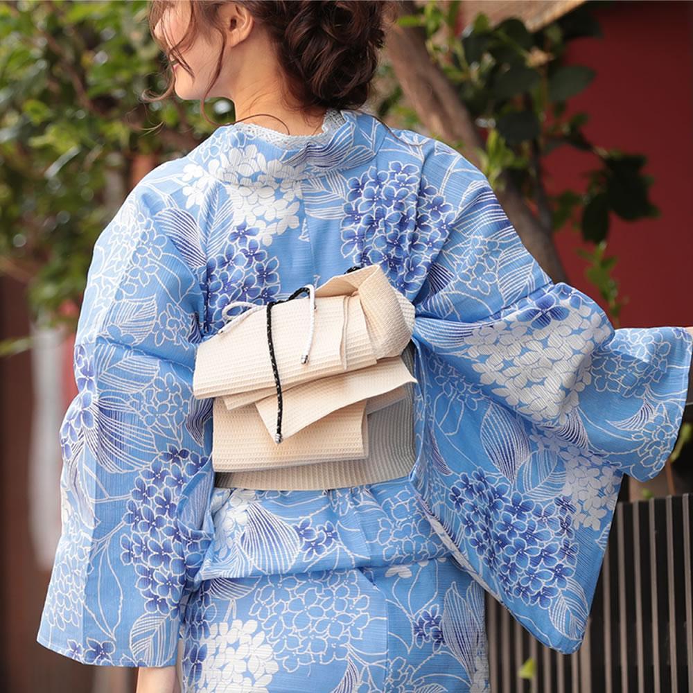 専用 雪輪 紫陽花 綿絽 フリーサイズ レディース NTjZs-m70509763660 帯とセット 浴衣 青 水色 即納セール