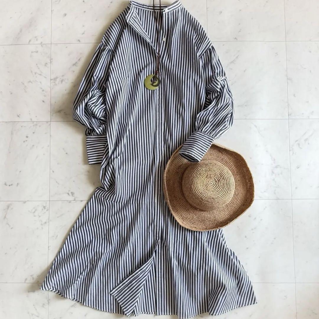 極美品 リヴドロワ M ロング丈 ストライプ柄 バンドカラーシャツ コットン