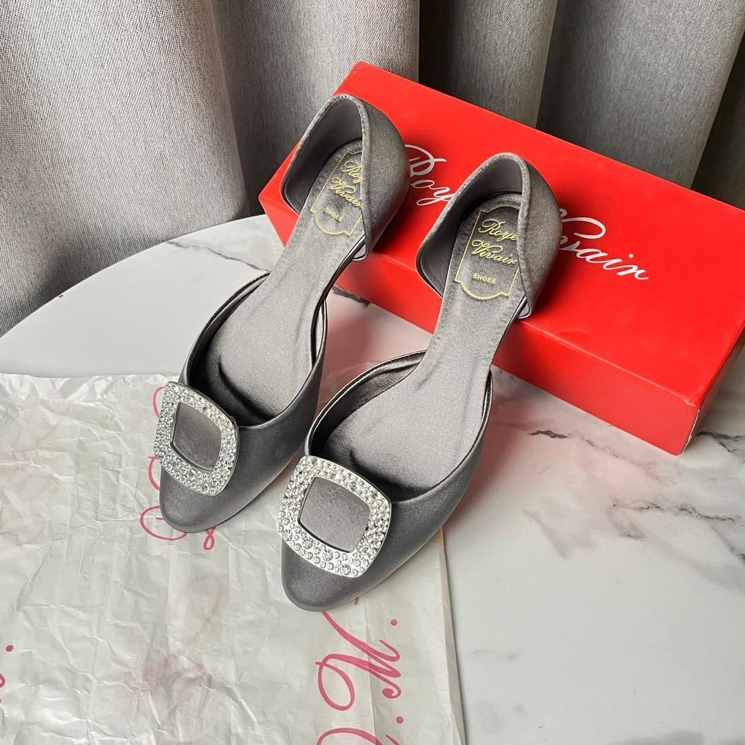 Roger Vivier ビジュー方バックル シルク中空フラット39 グレー