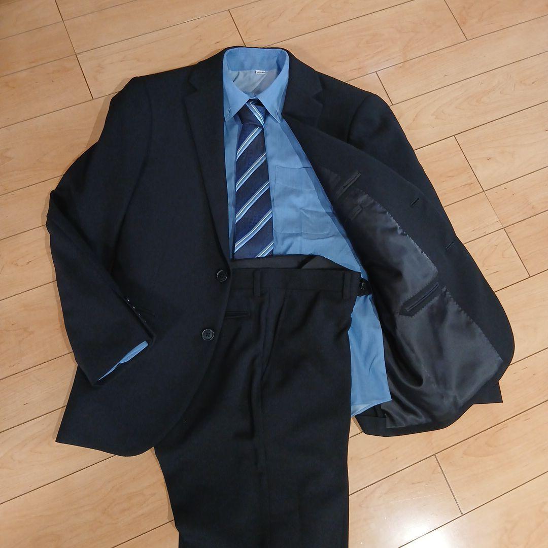 ブラック ビジネススーツ シャツ ネクタイ付き 裾上げ必須M