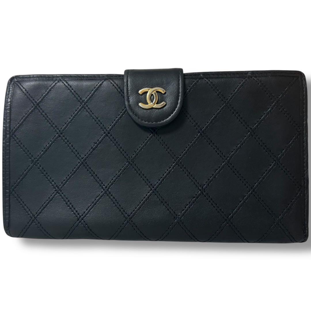 CHANEL シャネル ラムスキン ビコローレ がま口 長財布 ココマーク 黒