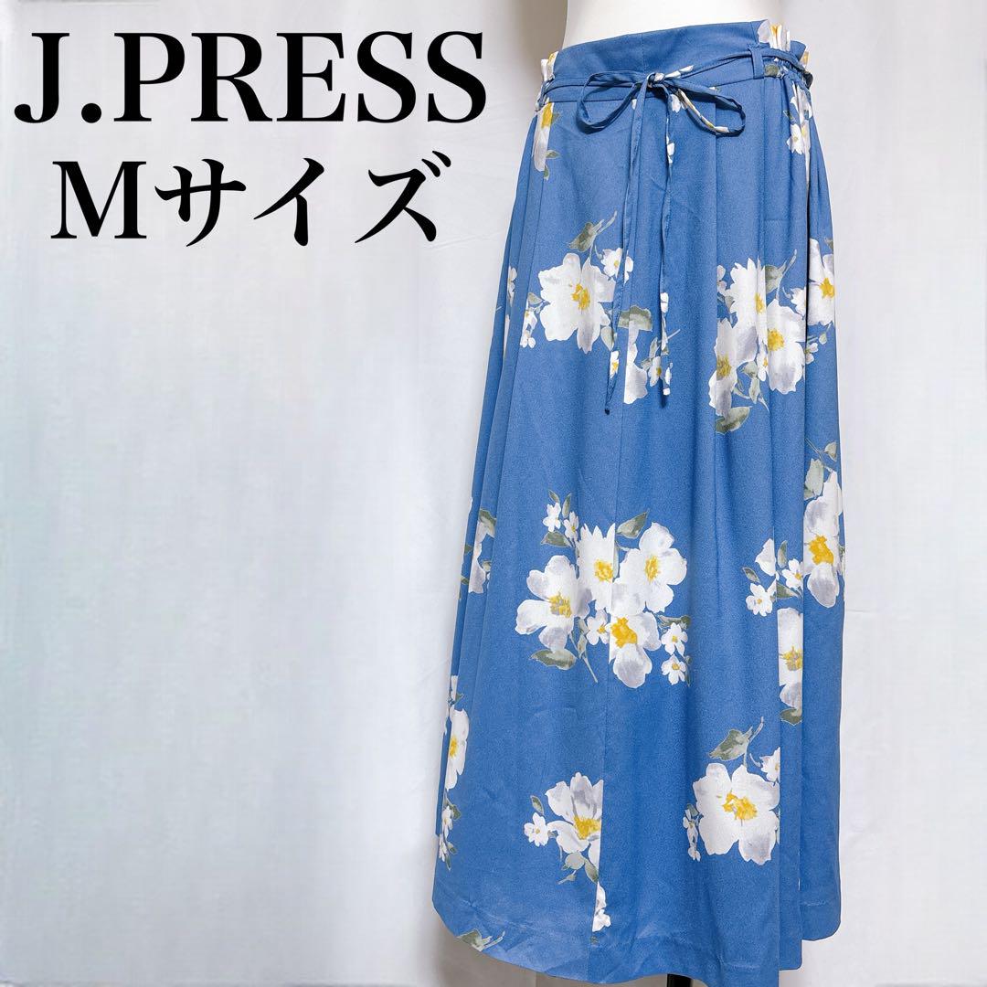 ジェイプレス フラワースカート ロング マキシ丈 白花柄 リボンベルト フレア