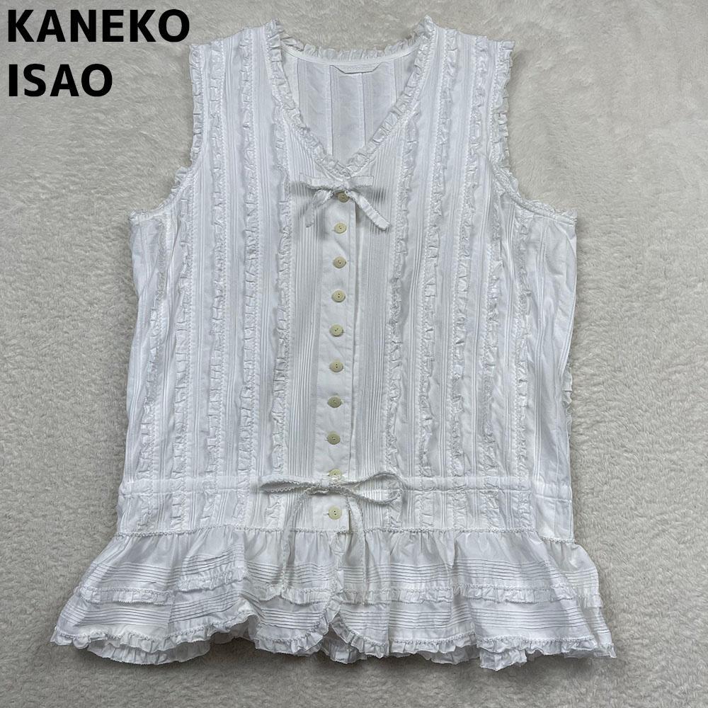 KANEKO ISAO　ノースリーブピンタックブラウス　ホワイト　リボン