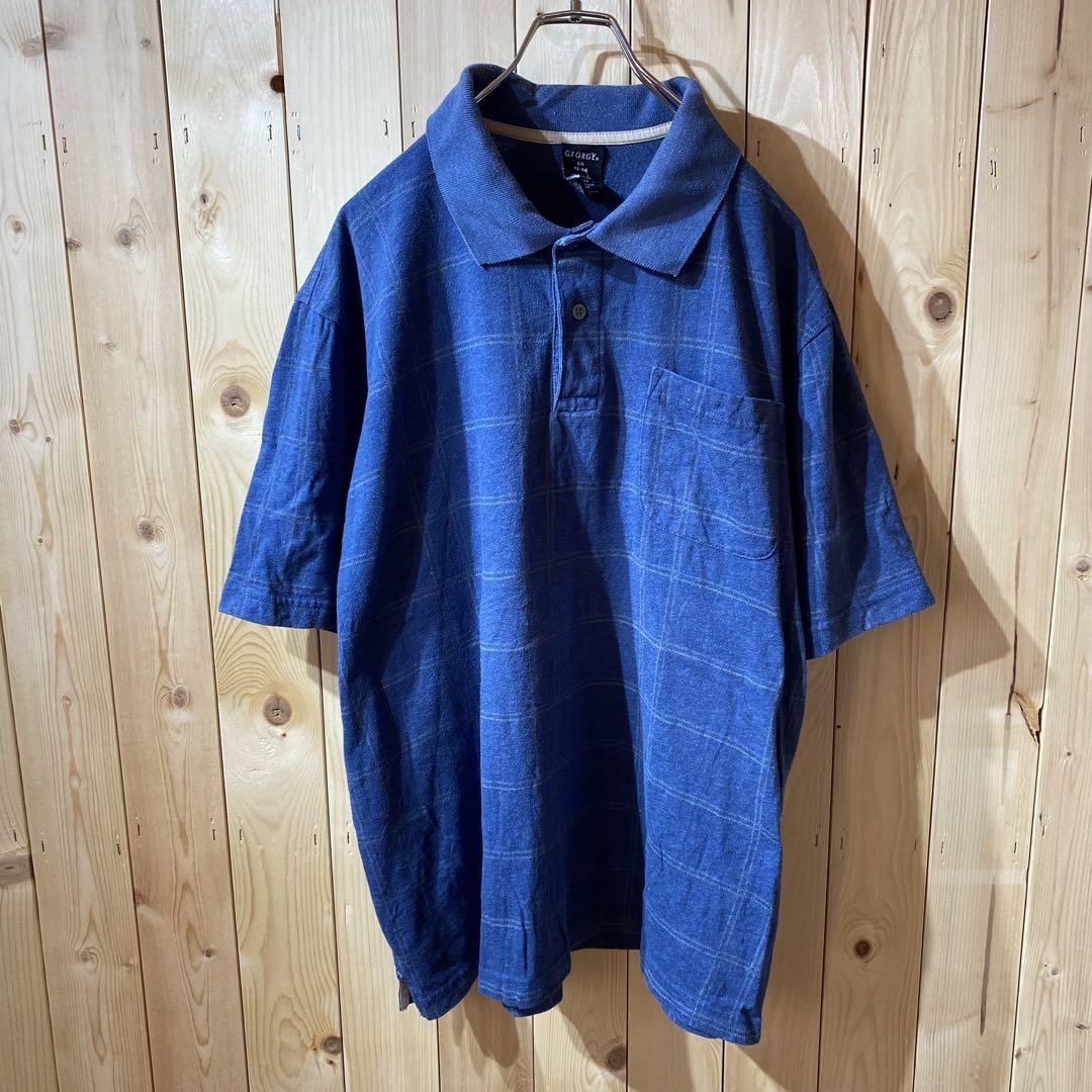 SS274 US古着 チェック ポケット 半袖 天竺 ポロシャツ ブルー メンズ