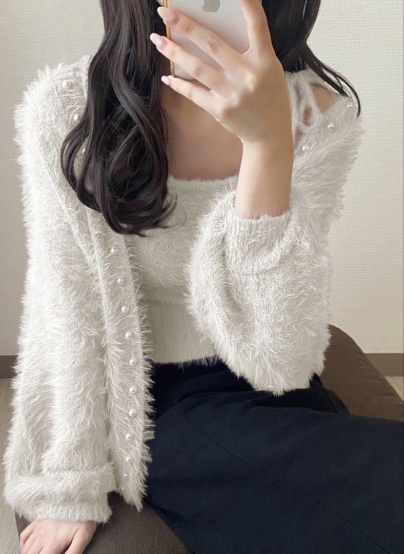 パールカーディガン×リボンキャミソールシャギーニットアンサンブル✨️アイボリー✨️