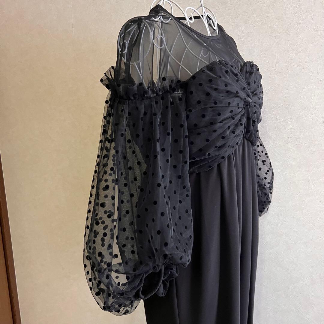 フロッキードットパンツドレス オールインワン 結婚式 ブラック M