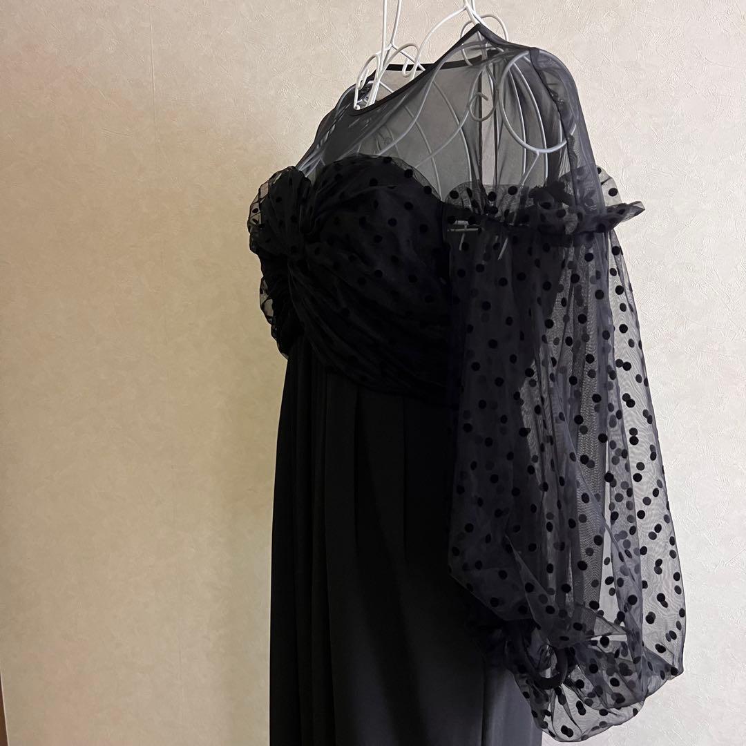 フロッキードットパンツドレス オールインワン 結婚式 ブラック M