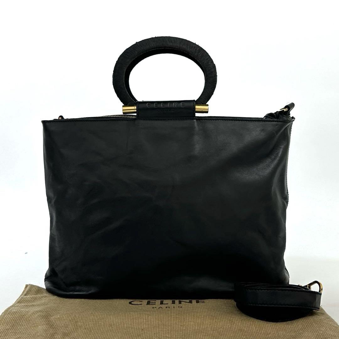 【美品】セリーヌ　ハンドバッグ　2way　サークル　裏地総柄　カーフレザー　黒色