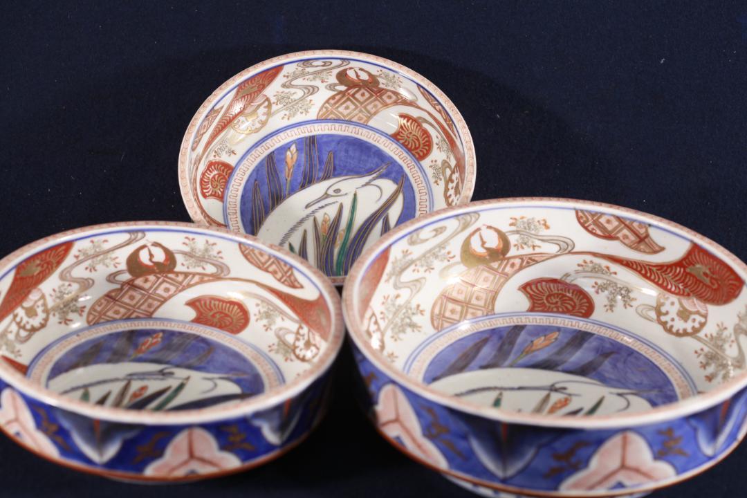 【送料0円】 144 古伊万里色絵鷺図3つ鉢揃 工芸品 幕末 無傷美品 工芸品