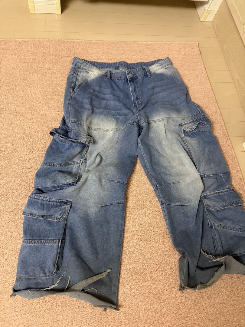 ダメージ加工 カーゴパンツ 青