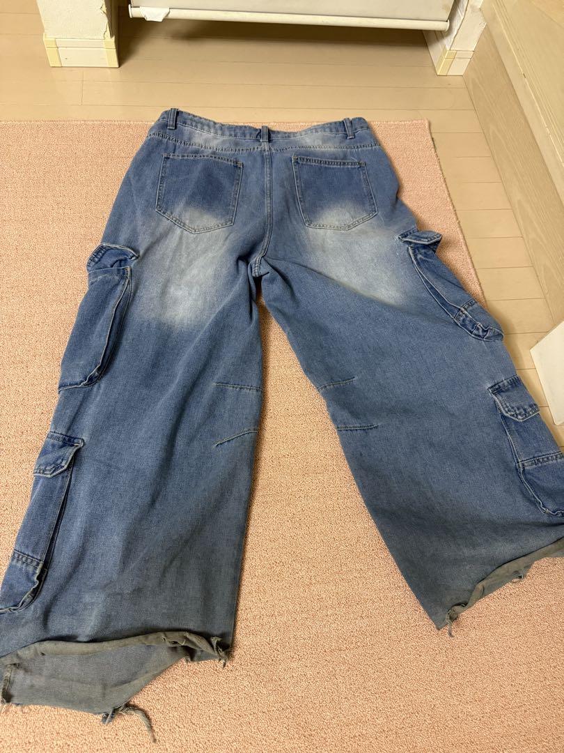 ダメージ加工 カーゴパンツ 青