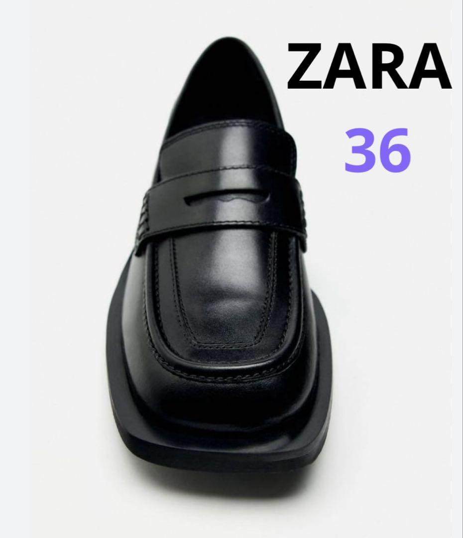 ZARA スクエアトゥ リアルレザー ローファー