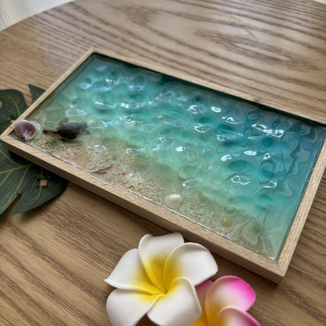 レジン 海アート 波紋 木製トレー 約9.8×17.8cm No.899