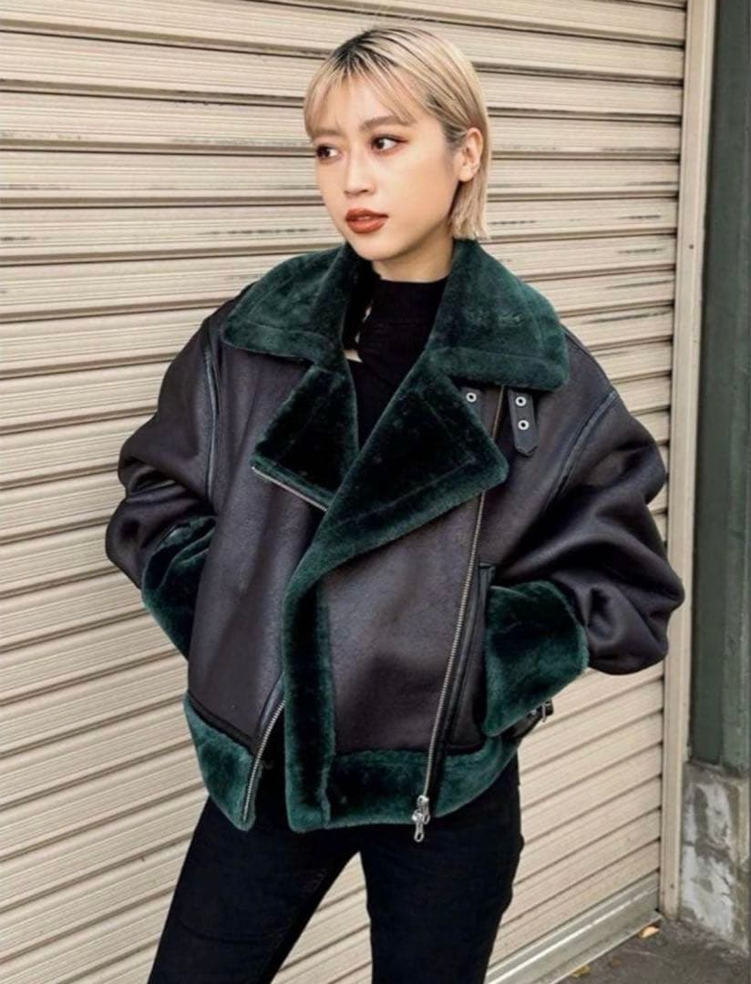 moussy マウジー ライダースジャケット 合皮 裏地ボア グリーン 大きめ SIZE moussy