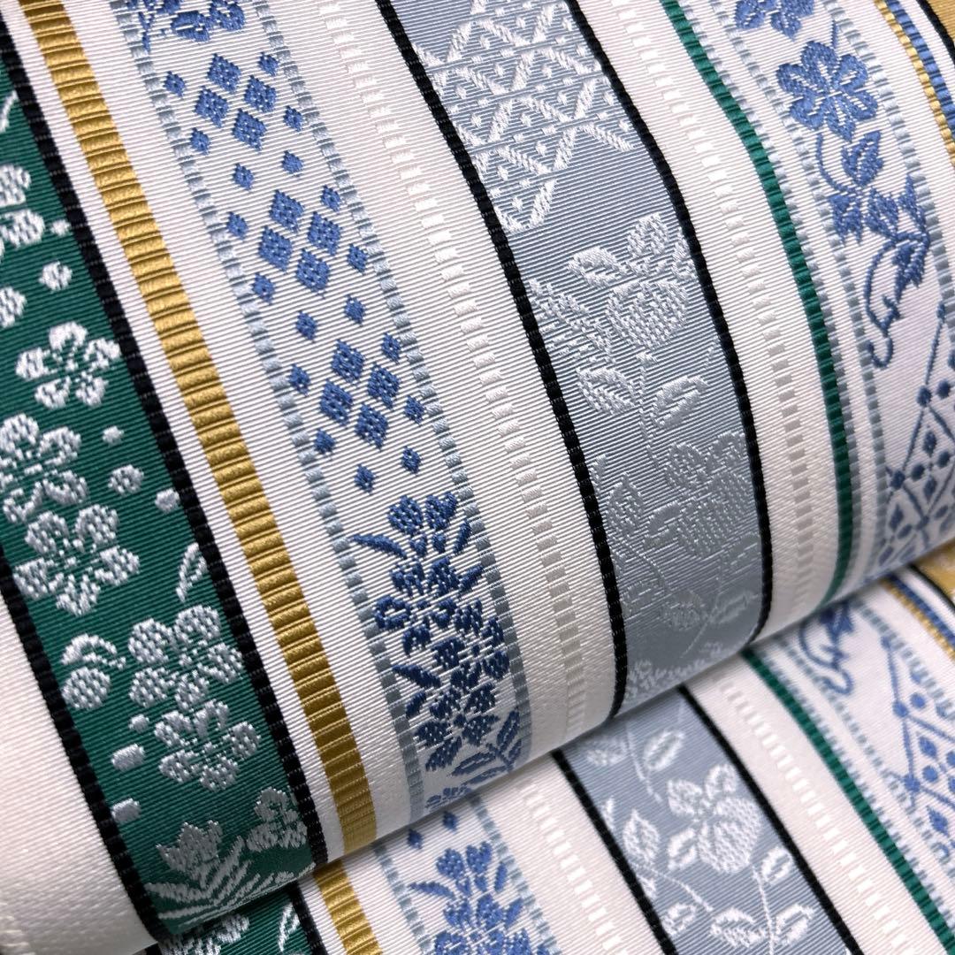 新品未使用品 証紙あり 正絹 本場筑前全通名古屋帯【井上織物】《縞 花》 新品未使用品 証紙あり 正絹 本場筑前全通名古屋帯【井上織物】《縞 花》