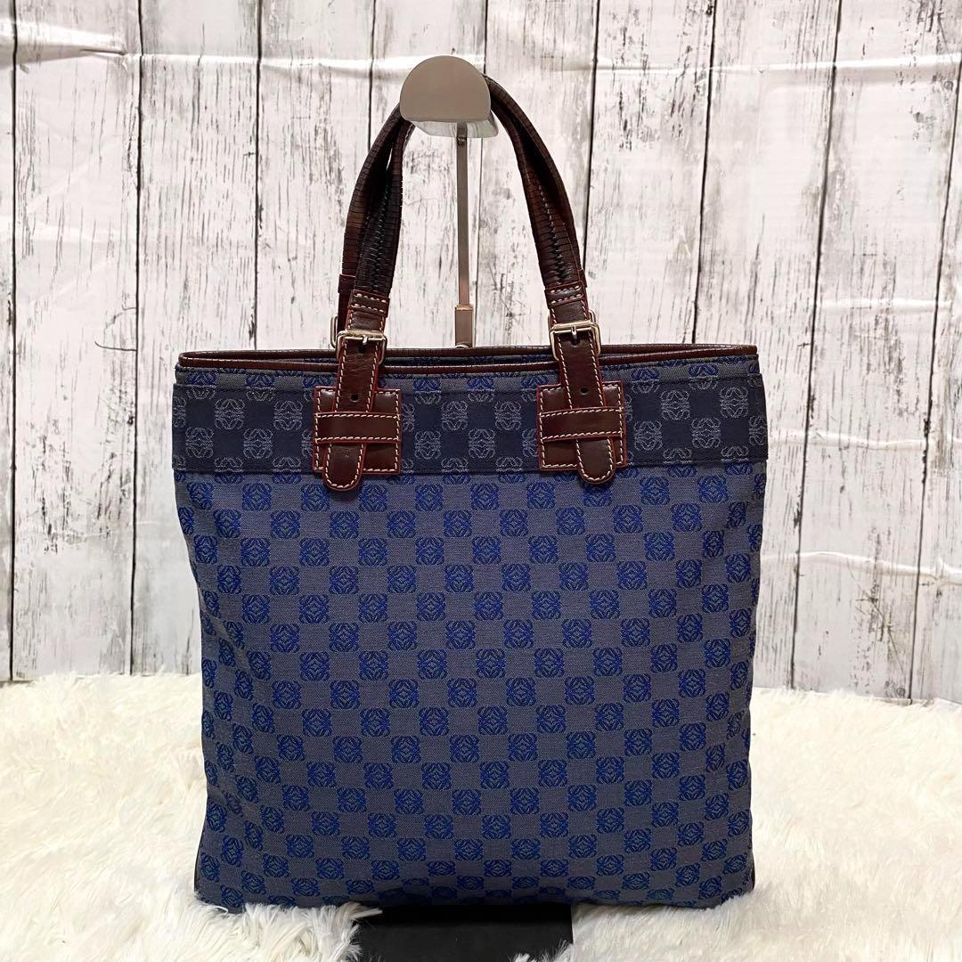 人気 極美LOEWE トートバッグ リピートアナグラム ネイビー レザー バッグ