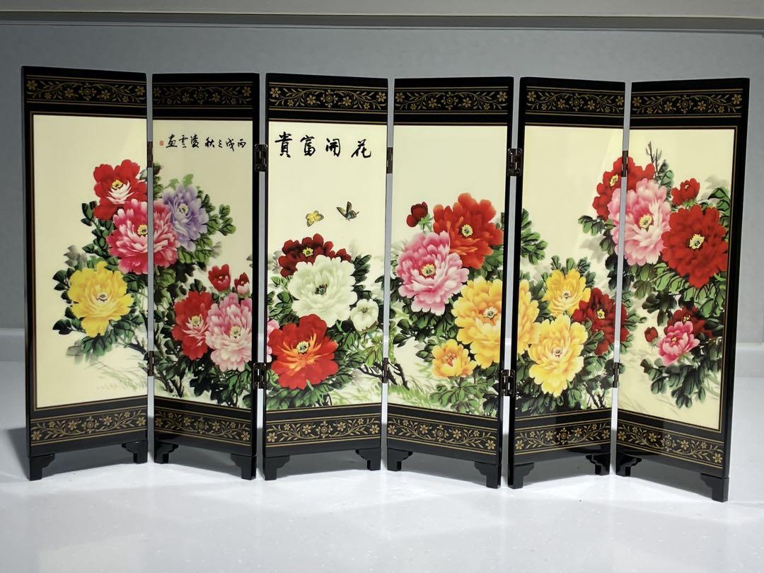 中国の伝統工芸　花柄木製屏風 6つ折り