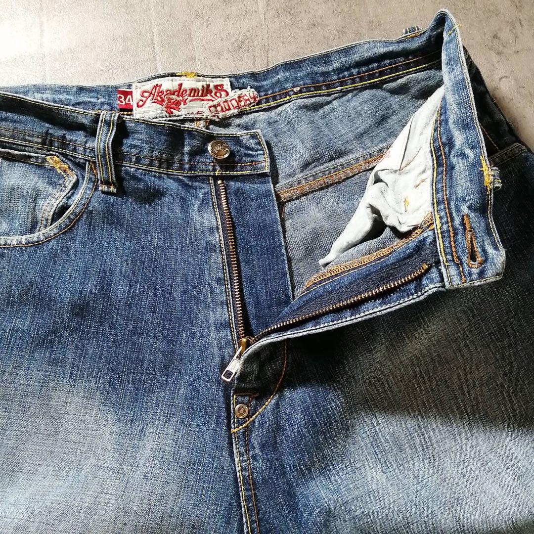 【開店記念セール！】 アカデミクス 刺繍デニム akademiks バギー ジーンズ B系 W34 パンツ
