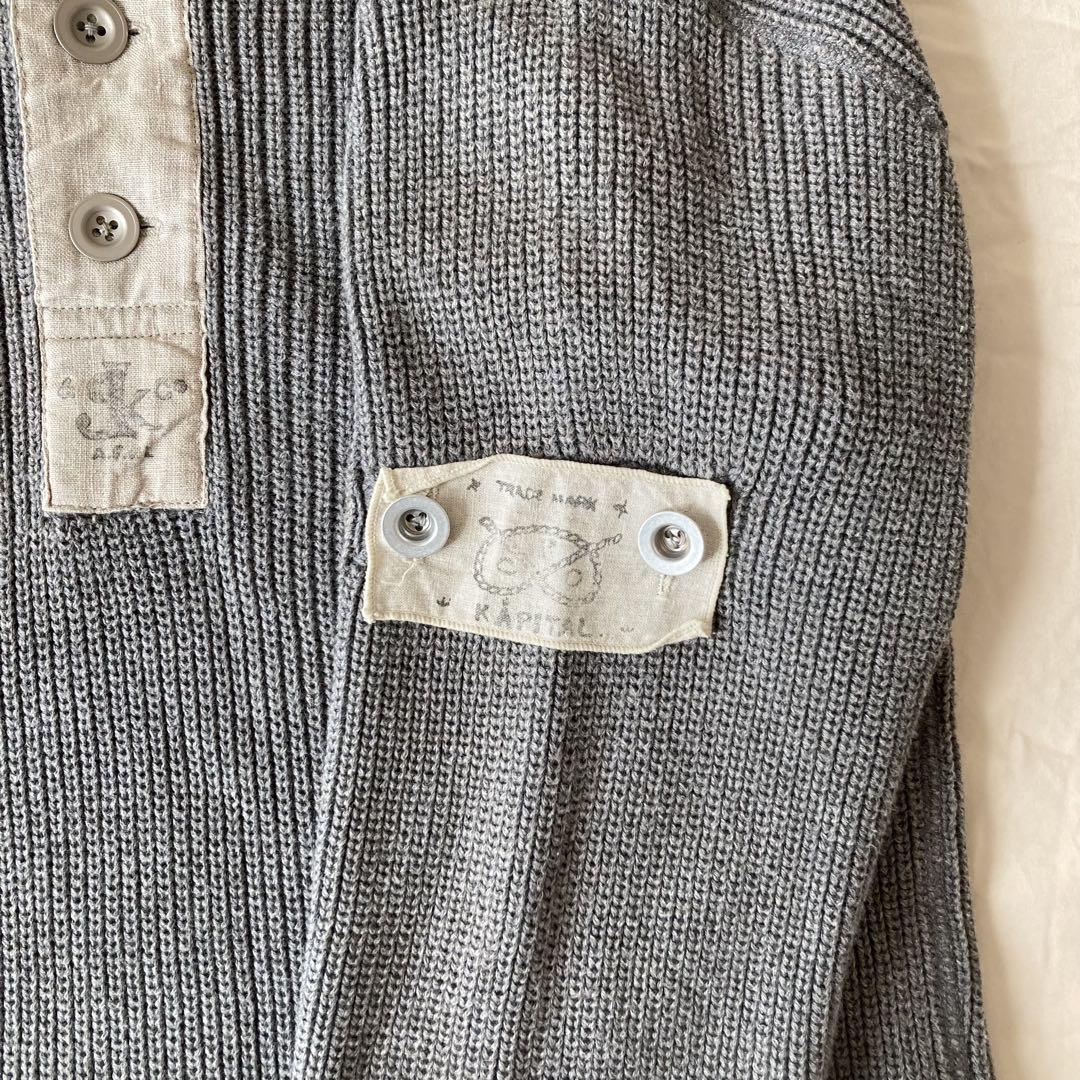 【逸品】KAPITAL ヘンリーネックセーター ニット グレー