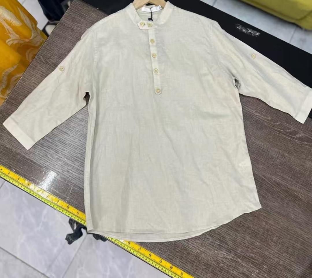 ベージュ 3/4袖 リネン風シャツ