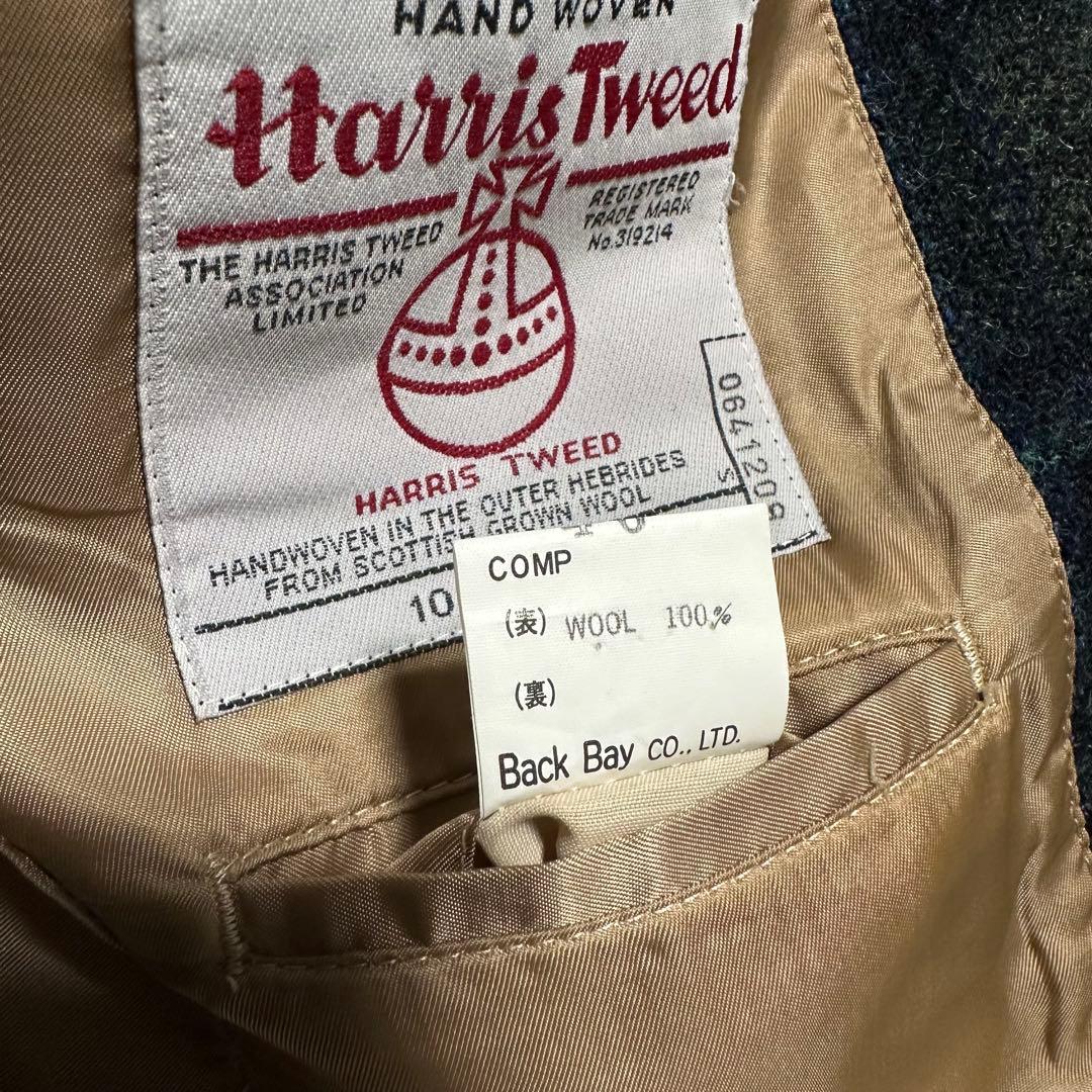 美品 ハリスツイード テーラードジャケット グリーン系 チェック柄 くるみボタン 美品 ハリスツイード テーラードジャケット グリーン系 チェック柄 くるみボタン