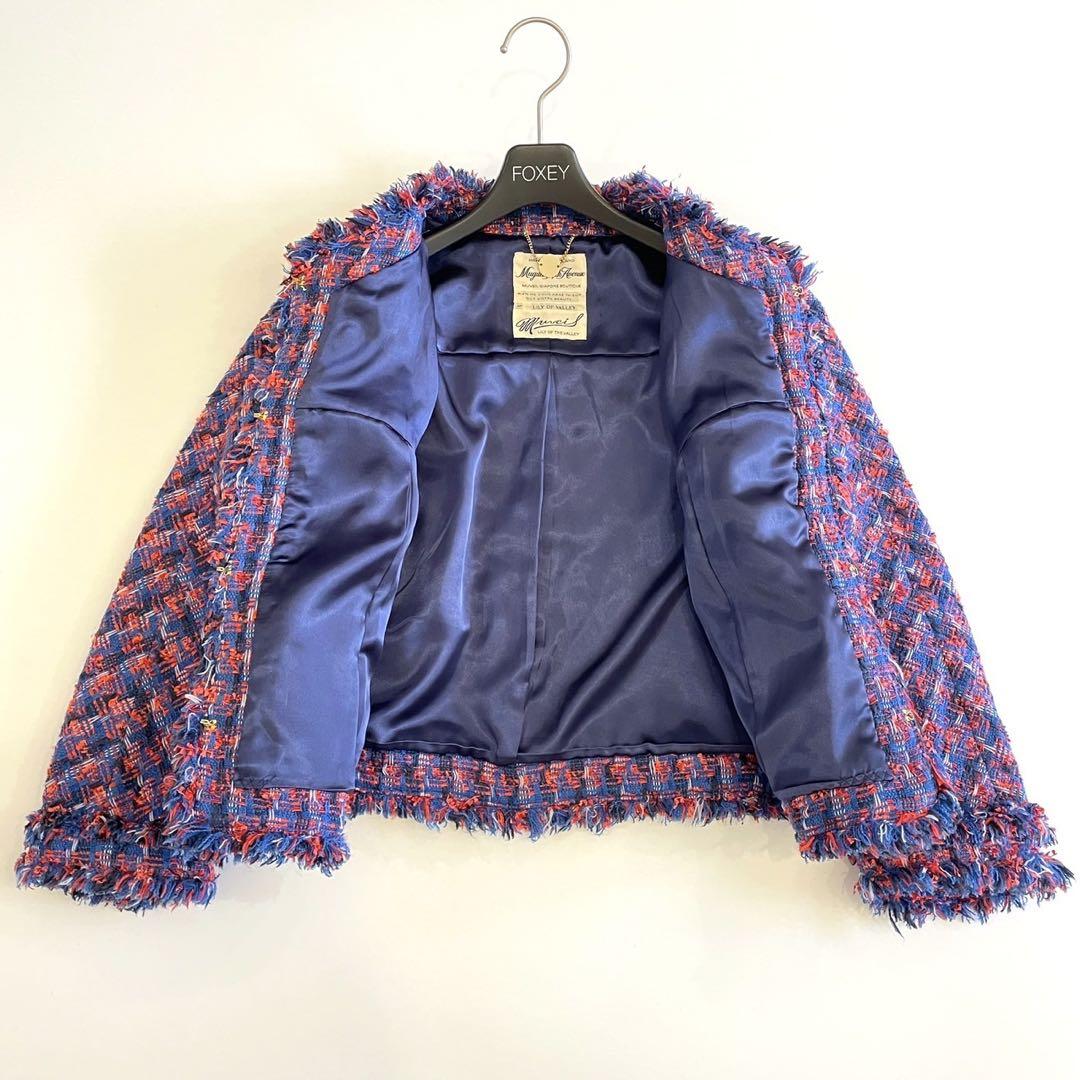 美品 ミュベール ノーカラージャケット ミックスツイード フリンジ ブルー 38