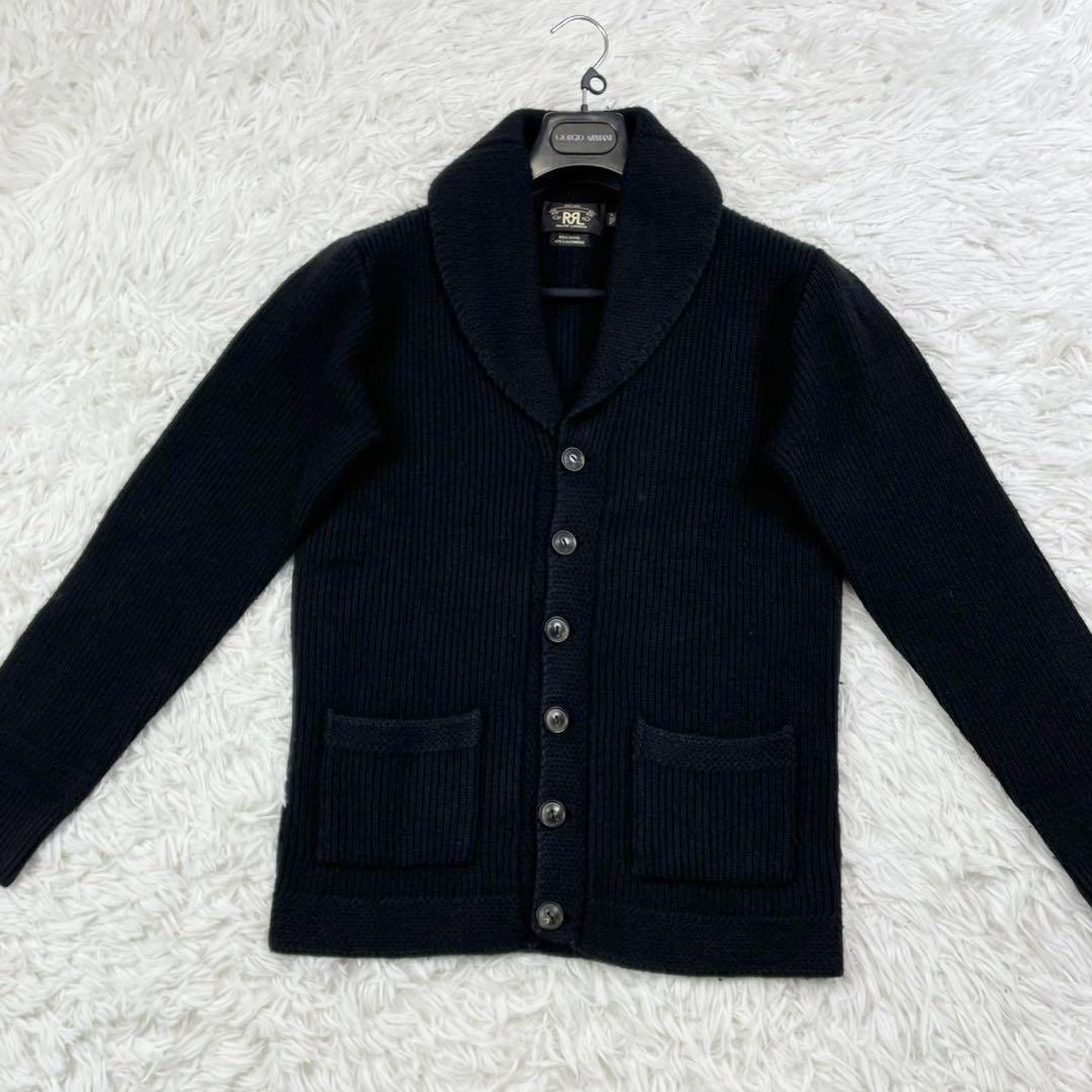 美品　ダブルアールエル　カシミヤ混ニットカーディガン　ショールカラー　紺　XS