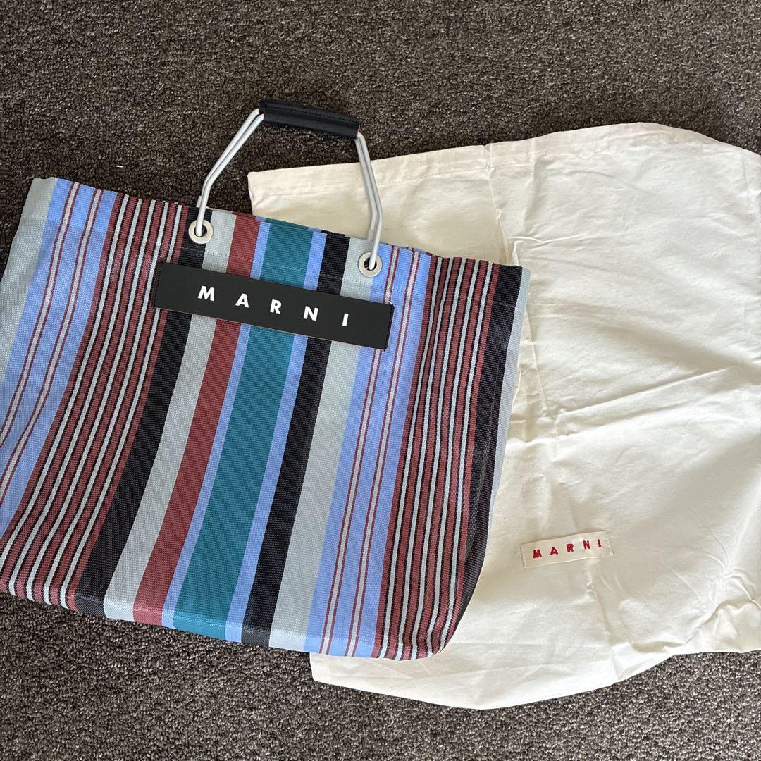 マルニ　ストライプバッグ　ライトライム　美品