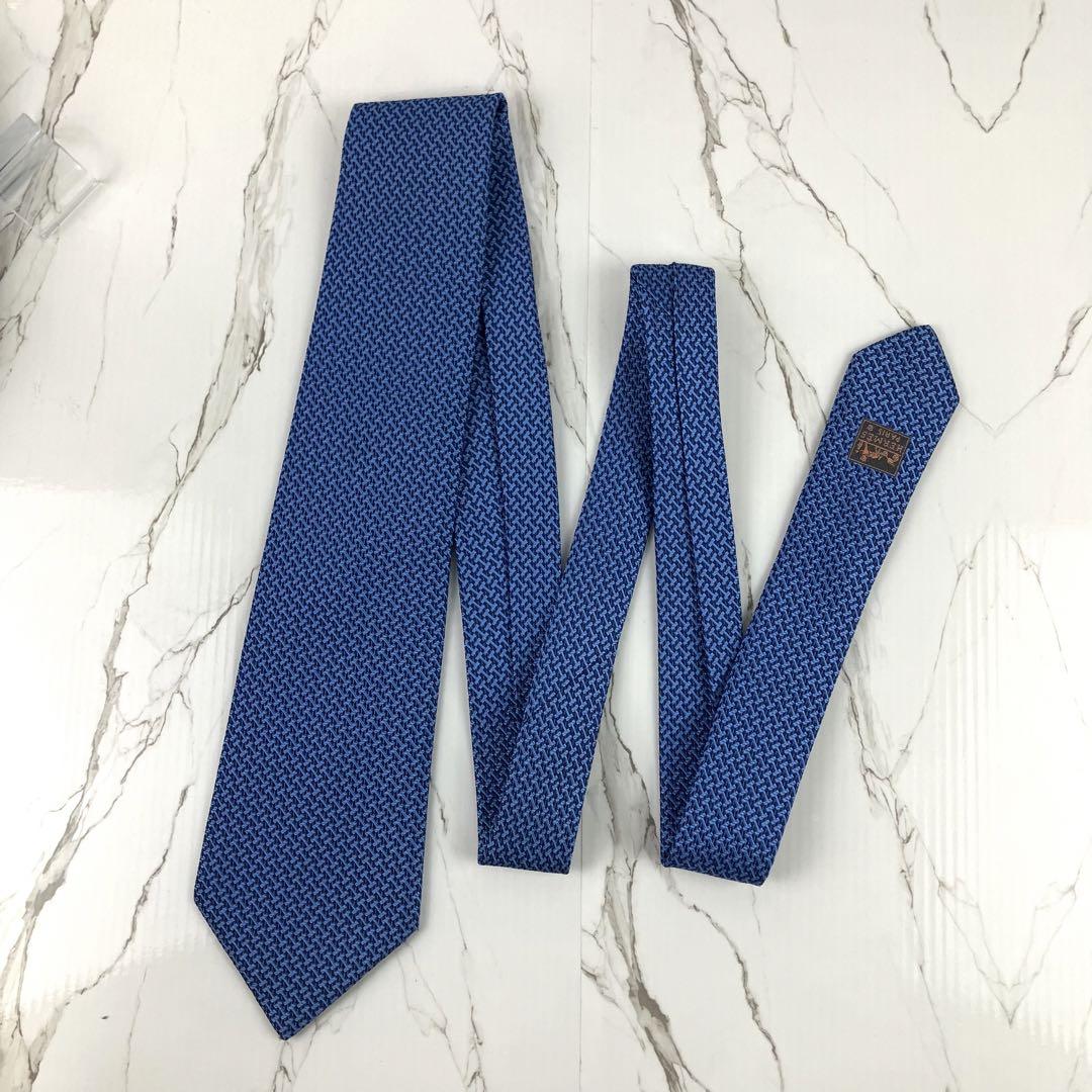 mmoo　未使用級　エルメス　ネクタイ　ファソネ　H柄　ソリッド　ブルー