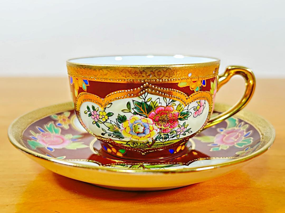 オールドノリタケ デミタス カップ＆ソーサー 1客 花柄 金彩 レッド 赤