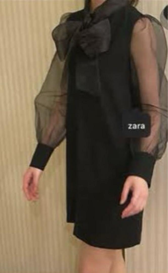 完売品 ザラ ツイード オーガンジー ワンピース リボン 千鳥格子