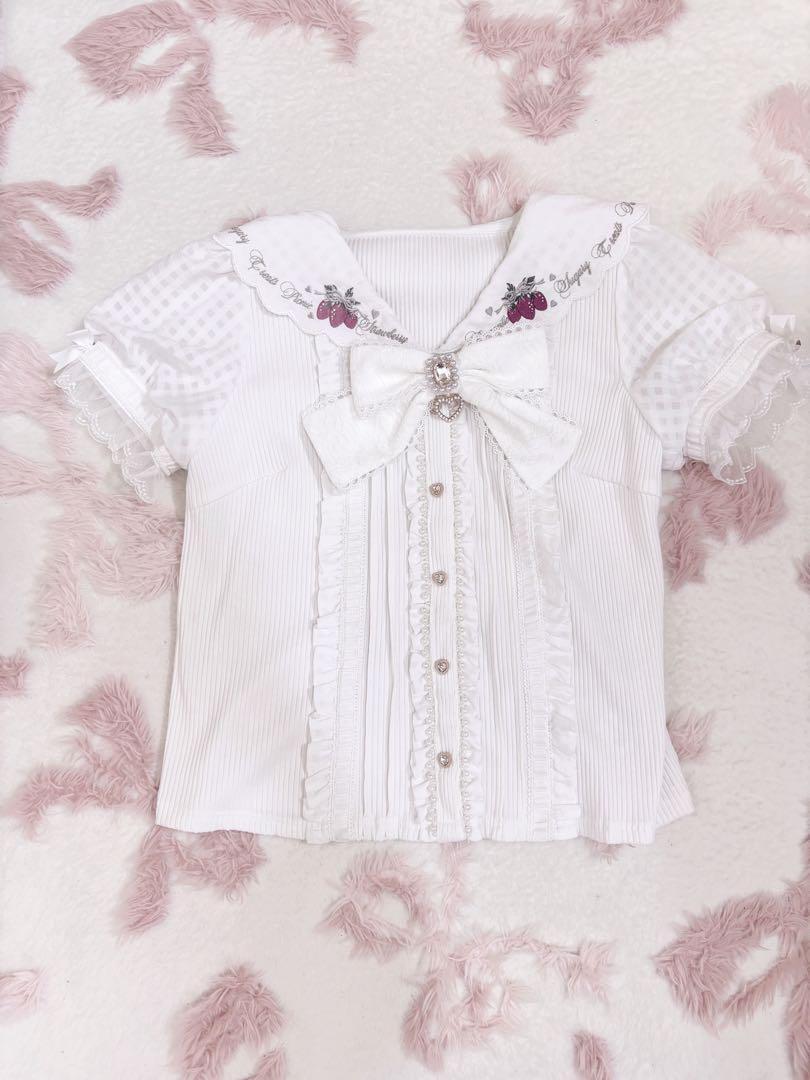 LIZLISA リズリサ ストロベリー刺繍セーラーリブブラウス ホワイト いちご