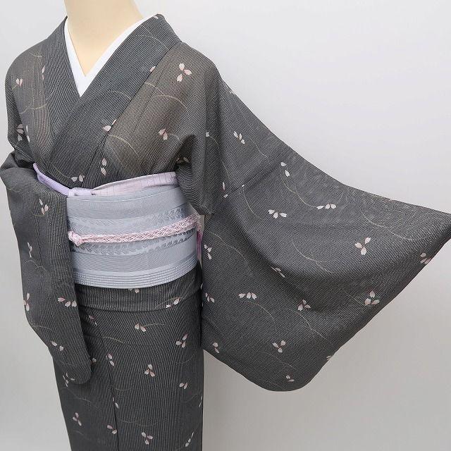 m1607＊美品 洗える夏着物 絽 桜 縦縞 芝草 トールサイズ 小紋