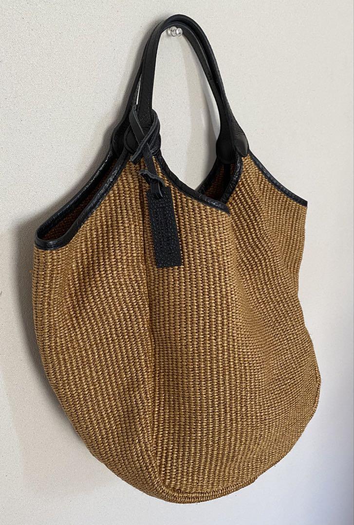 【美品】MARCO MASIレザーハンドルラフィアバッグ　ブラウン