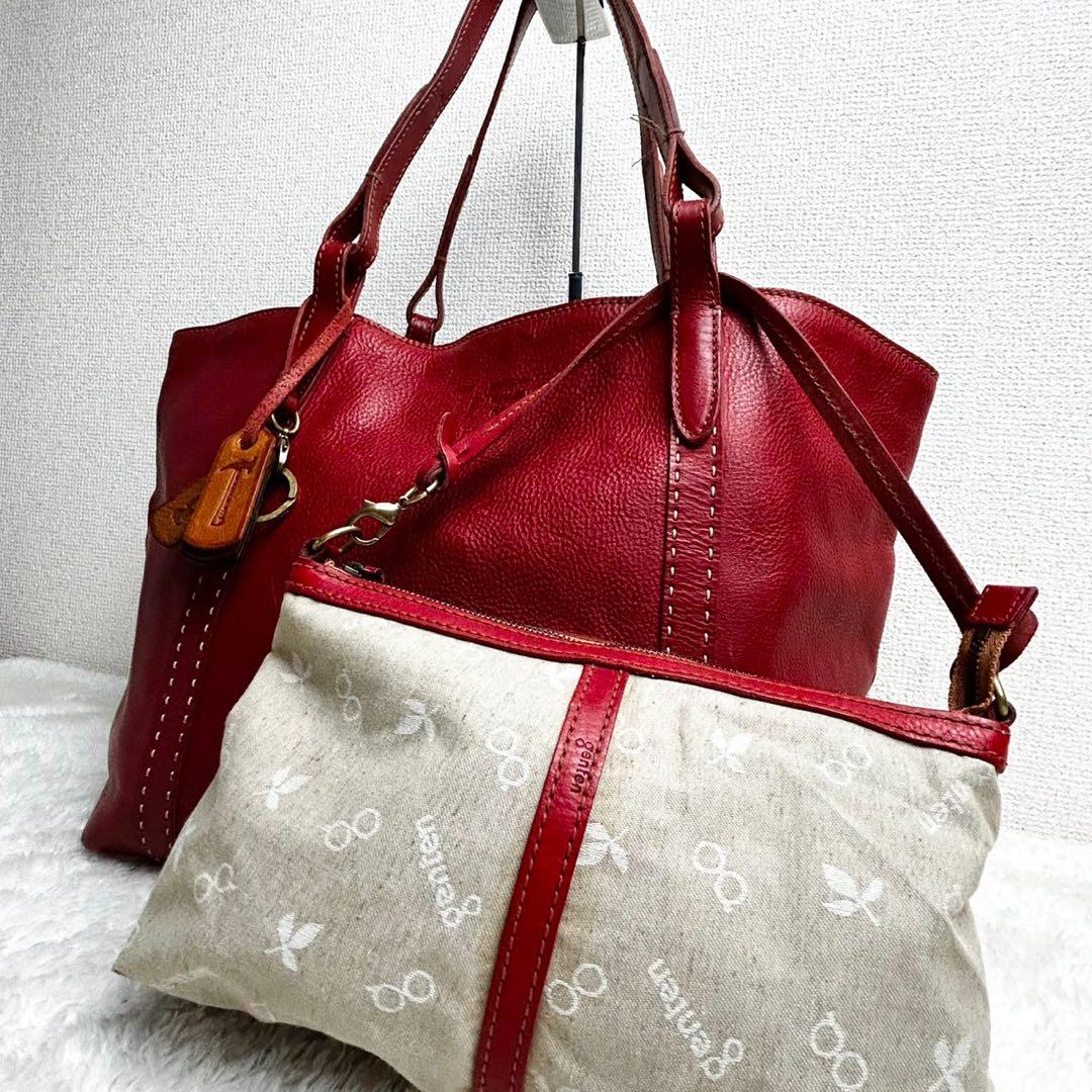 良品⭐️ genten ゲンテン ポーチ付き レッド トートバッグ