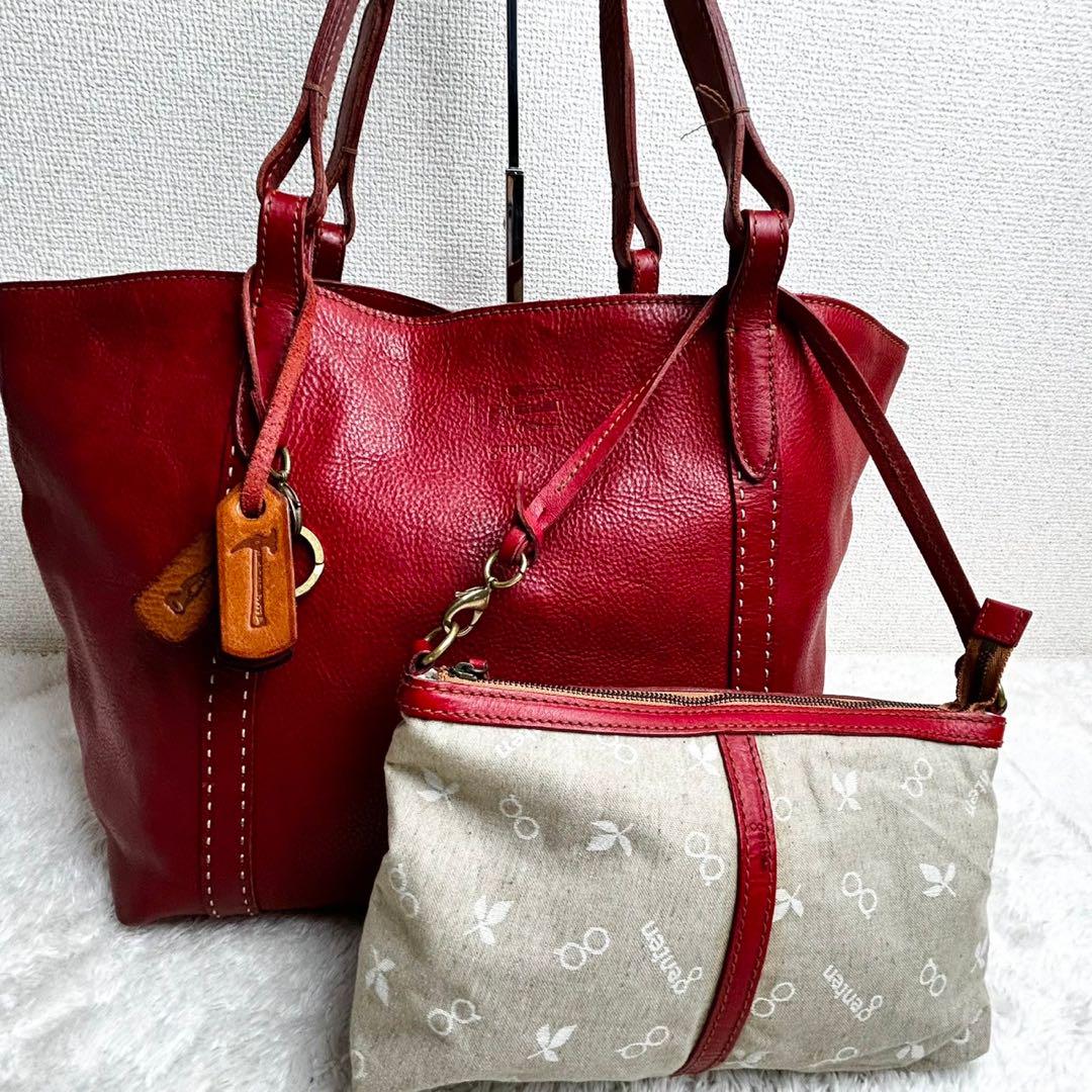 良品⭐️ genten ゲンテン ポーチ付き レッド トートバッグ